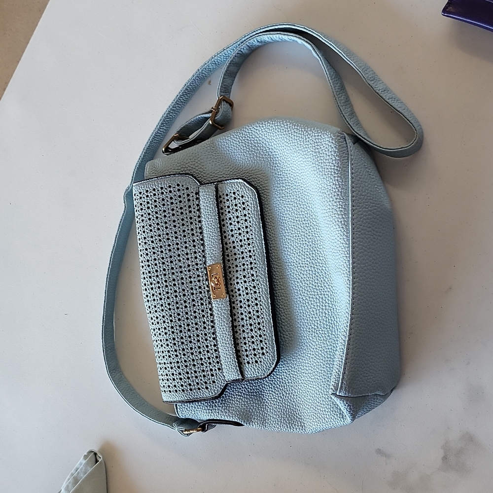 Victoria Leland Design Pale Blue Crossbody Laser Cut Magnetic Snap Purse